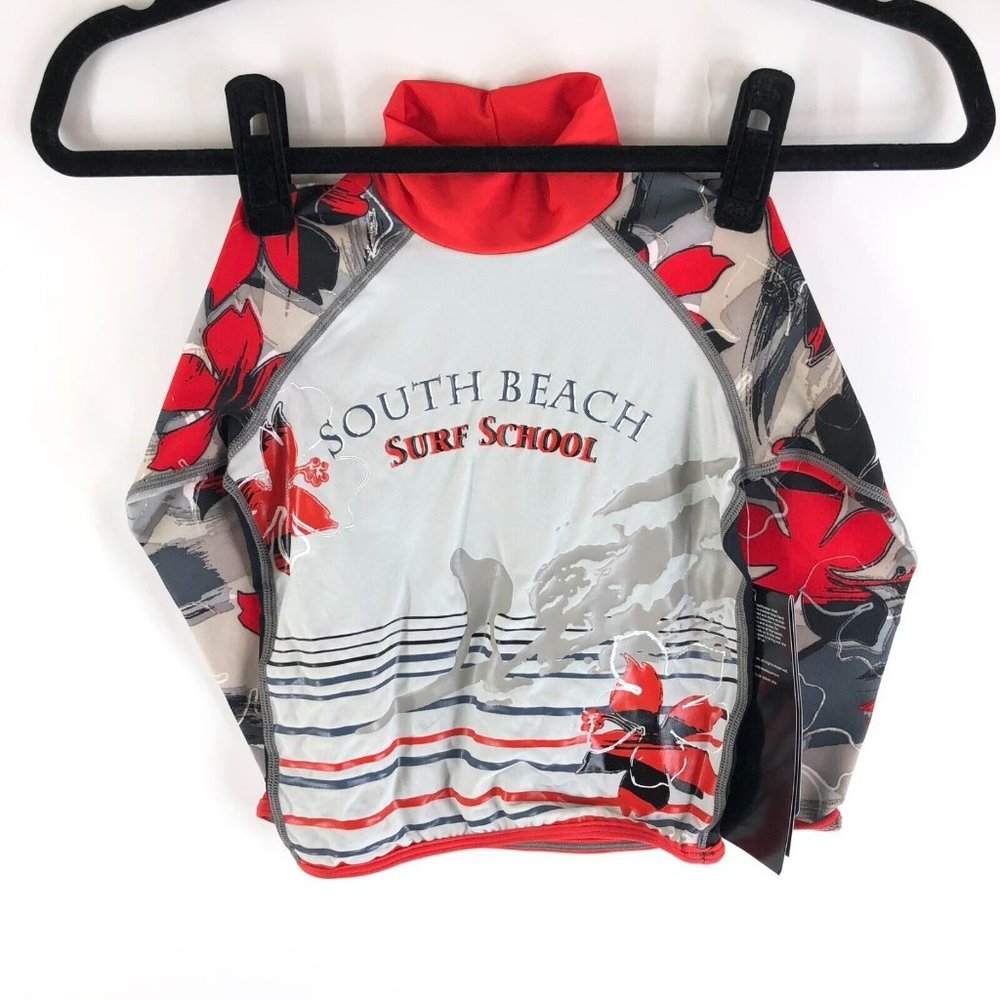 TYR Boys Rashguard Swimwear South Beach Surf School Gray Red Black 4T